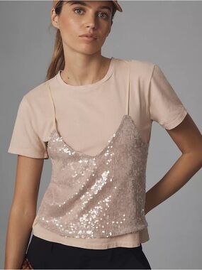 Le Superbe Birdie Sequin Short Sleeve Tee T-shirt Size Large NWT